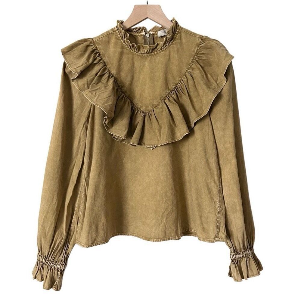 Sea New York Alyssa Ruffle Blouse Mustard Tan 100% Cotton Size XS
